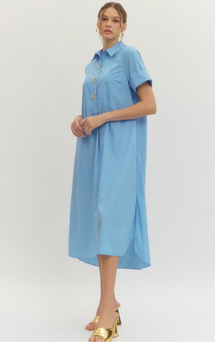 Mona Short Sleeve Midi Dress - Blue Shirt Dress with Pockets