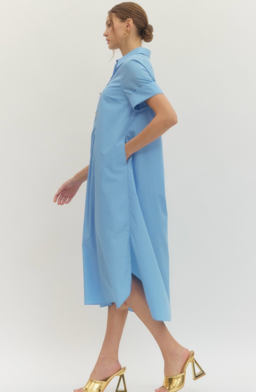 Mona Short Sleeve Midi Dress - Blue Shirt Dress with Pockets