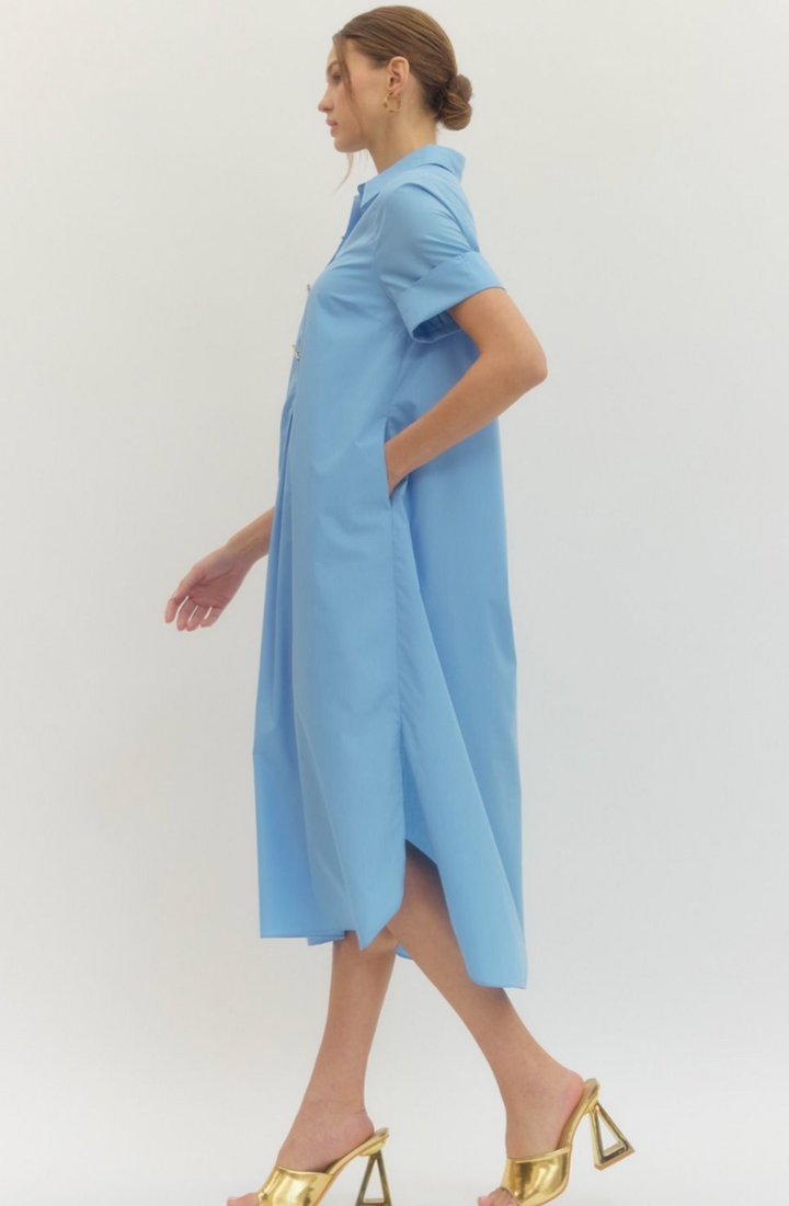 Mona Short Sleeve Midi Dress - Blue Shirt Dress with Pockets
