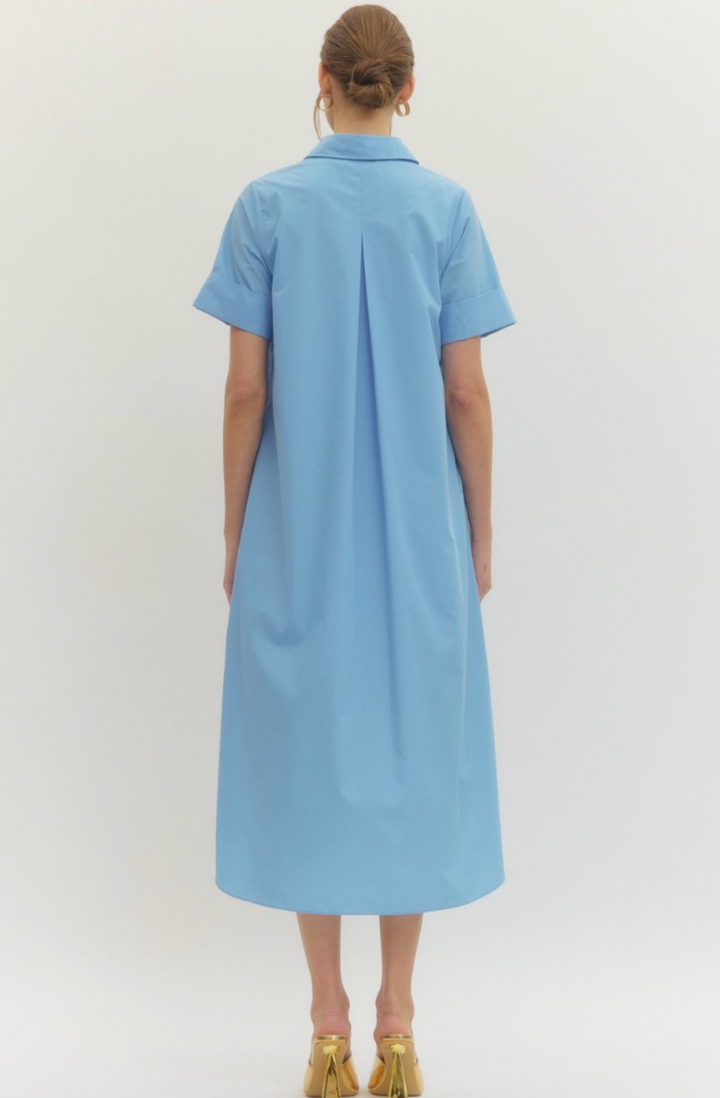 Mona Short Sleeve Midi Dress - Blue Shirt Dress with Pockets