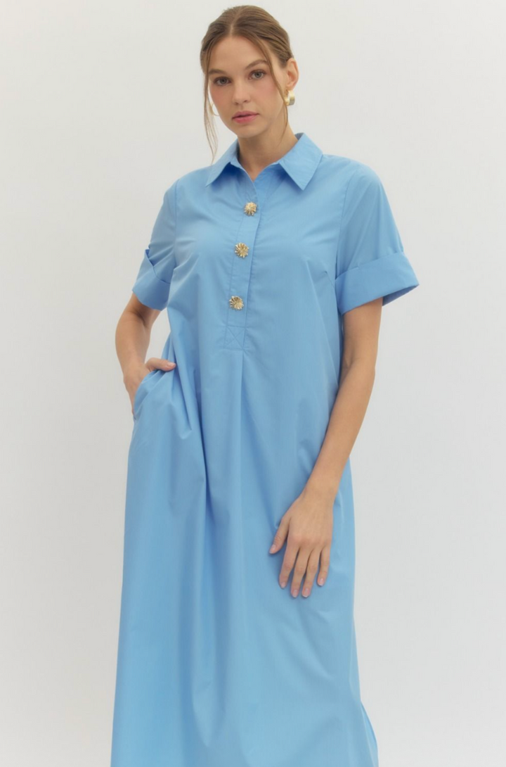 Mona Short Sleeve Midi Dress - Blue Shirt Dress with Pockets