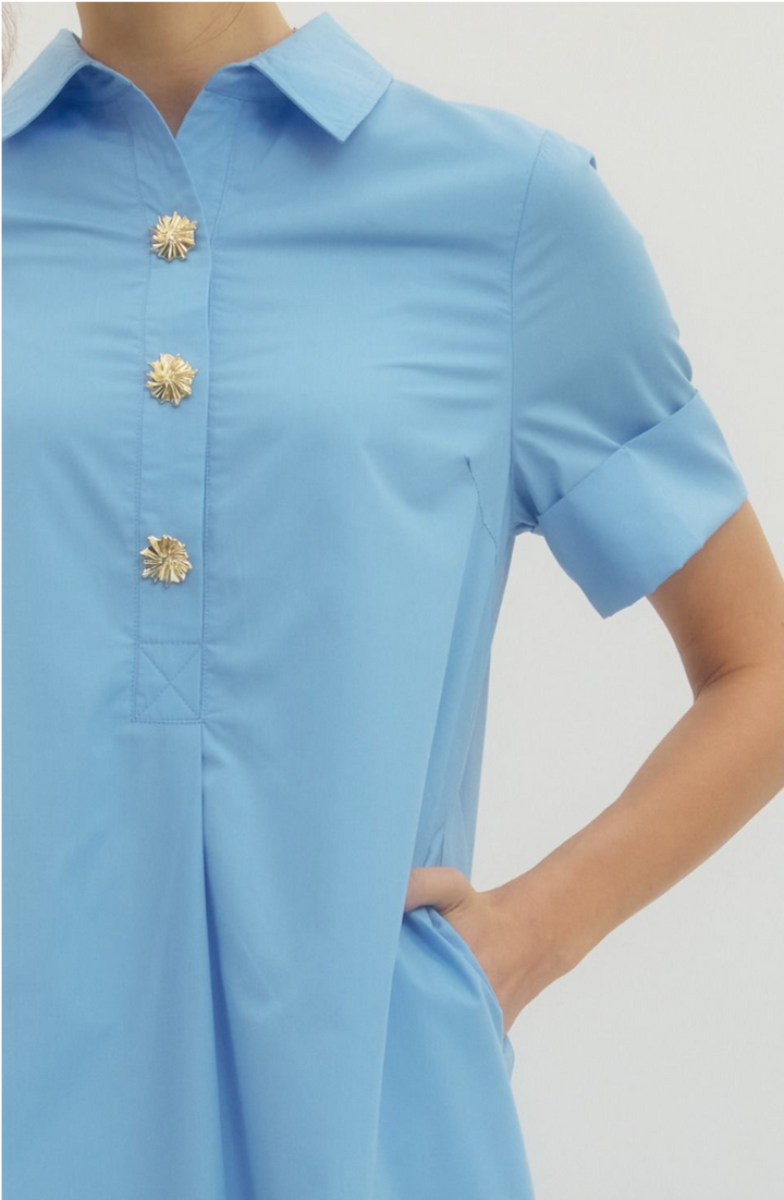 Mona Short Sleeve Midi Dress - Blue Shirt Dress with Pockets