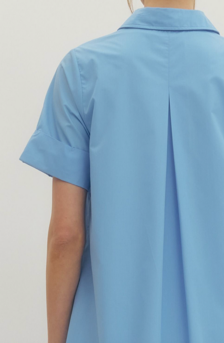Mona Short Sleeve Midi Dress - Blue Shirt Dress with Pockets