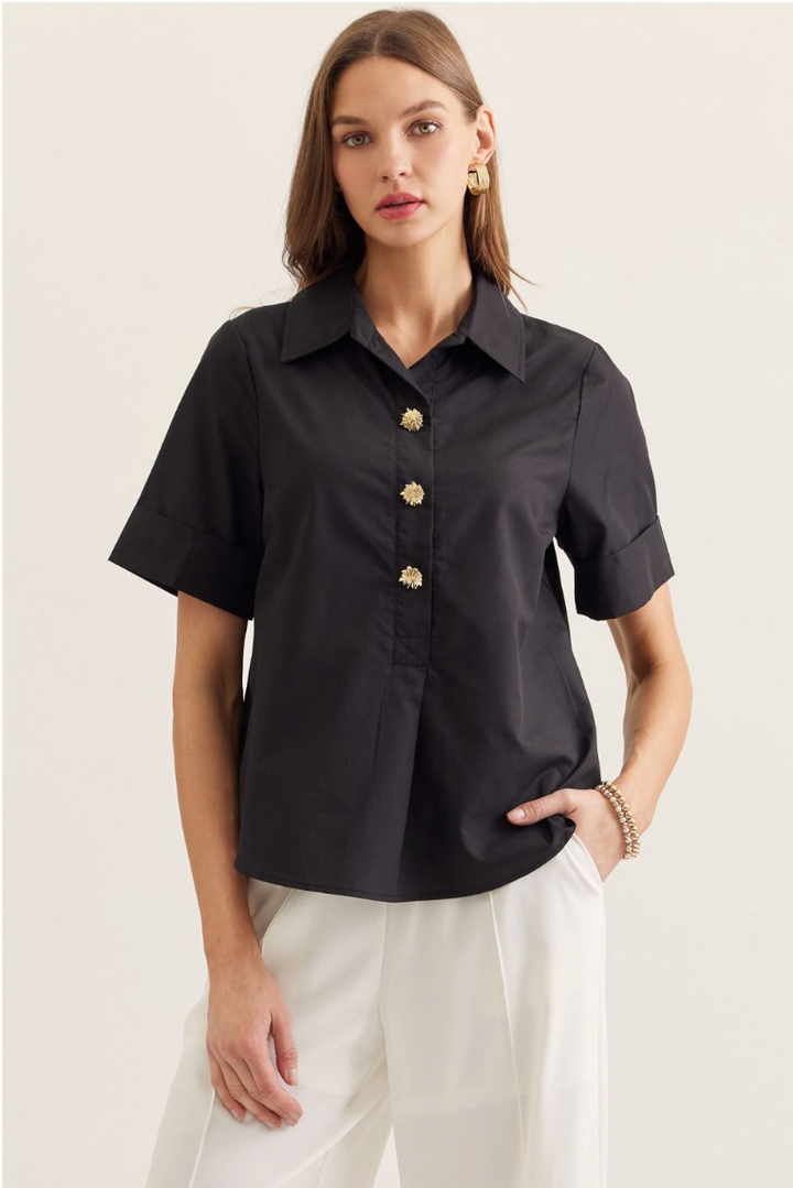 Gracelynn Short Sleeve Top - Black Collared Blouse with Gold Buttons
