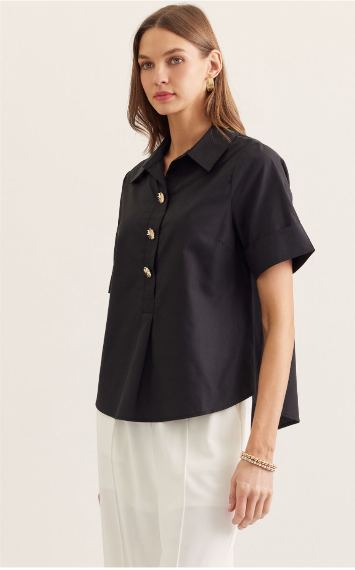 Gracelynn Short Sleeve Top - Black Collared Blouse with Gold Buttons