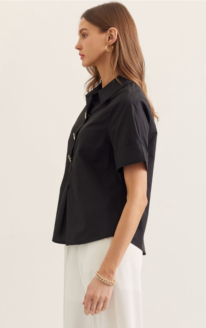 Gracelynn Short Sleeve Top - Black Collared Blouse with Gold Buttons