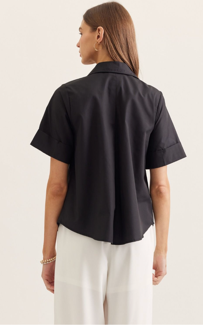 Gracelynn Short Sleeve Top - Black Collared Blouse with Gold Buttons
