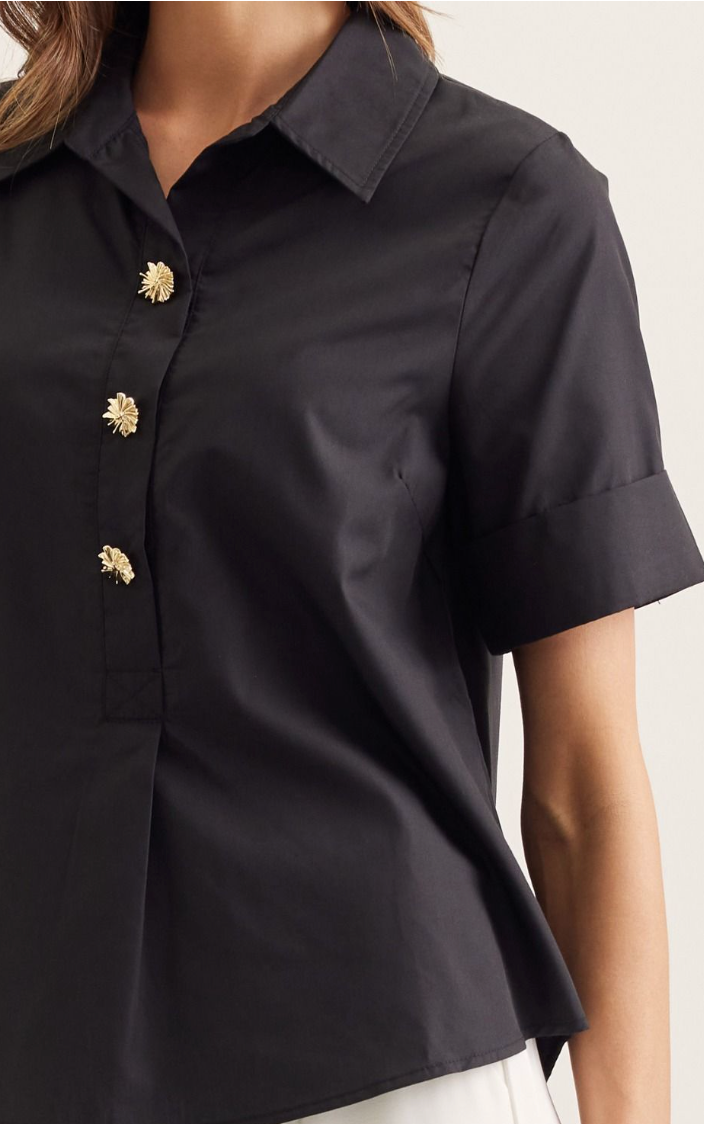 Gracelynn Short Sleeve Top - Black Collared Blouse with Gold Buttons