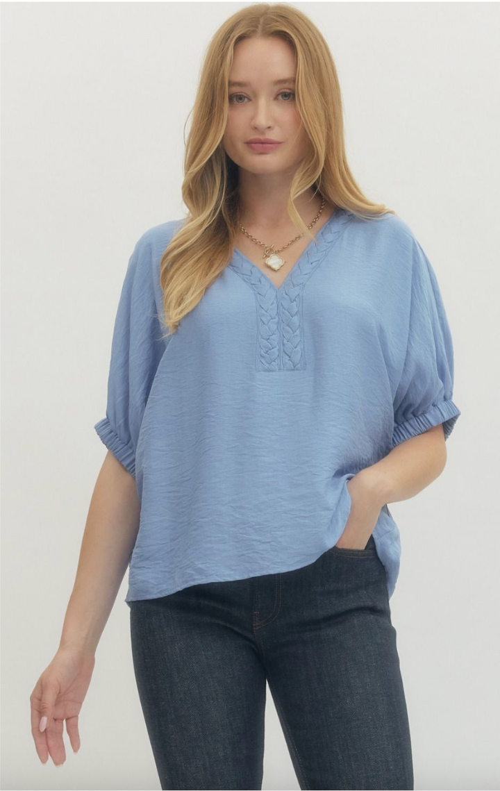 Rosie Short Sleeve Top - Chambray Blue Dolman Sleeve V-Neck Blouse
