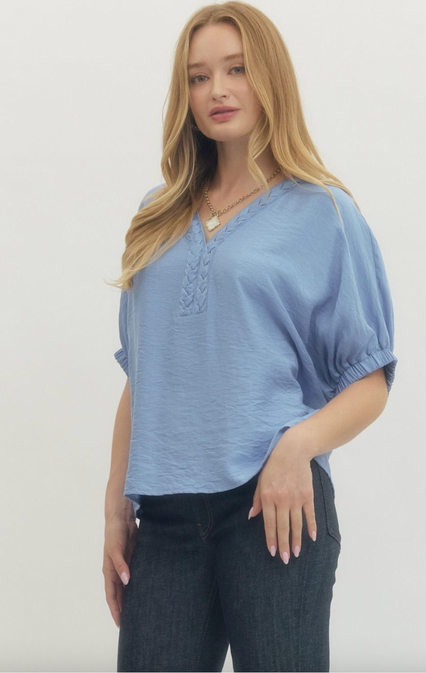 Rosie Short Sleeve Top - Chambray Blue Dolman Sleeve V-Neck Blouse
