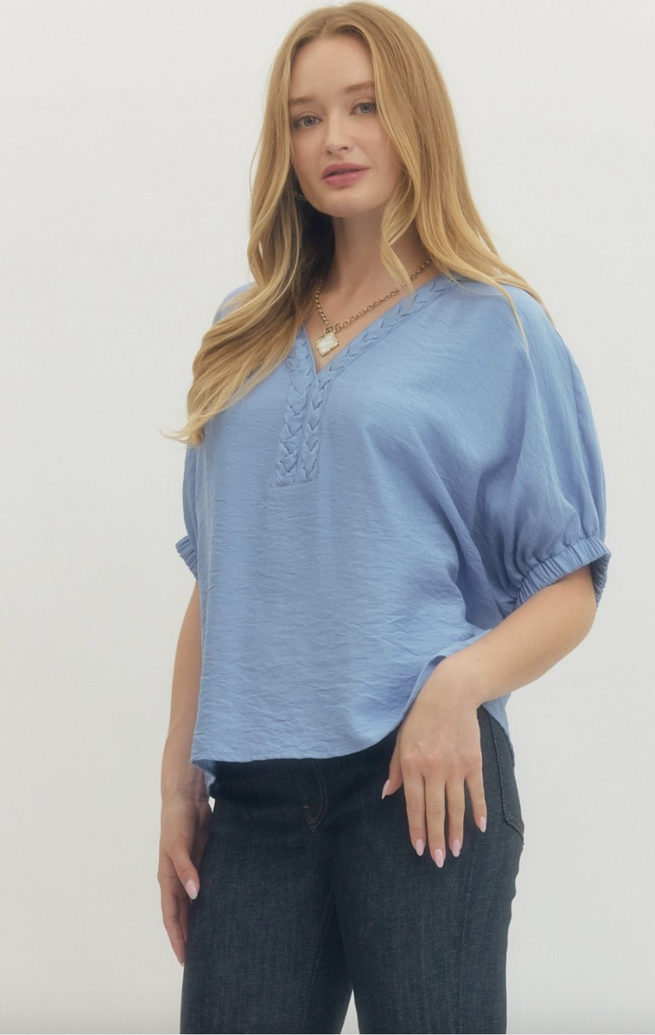 Rosie Short Sleeve Top - Chambray Blue Dolman Sleeve V-Neck Blouse