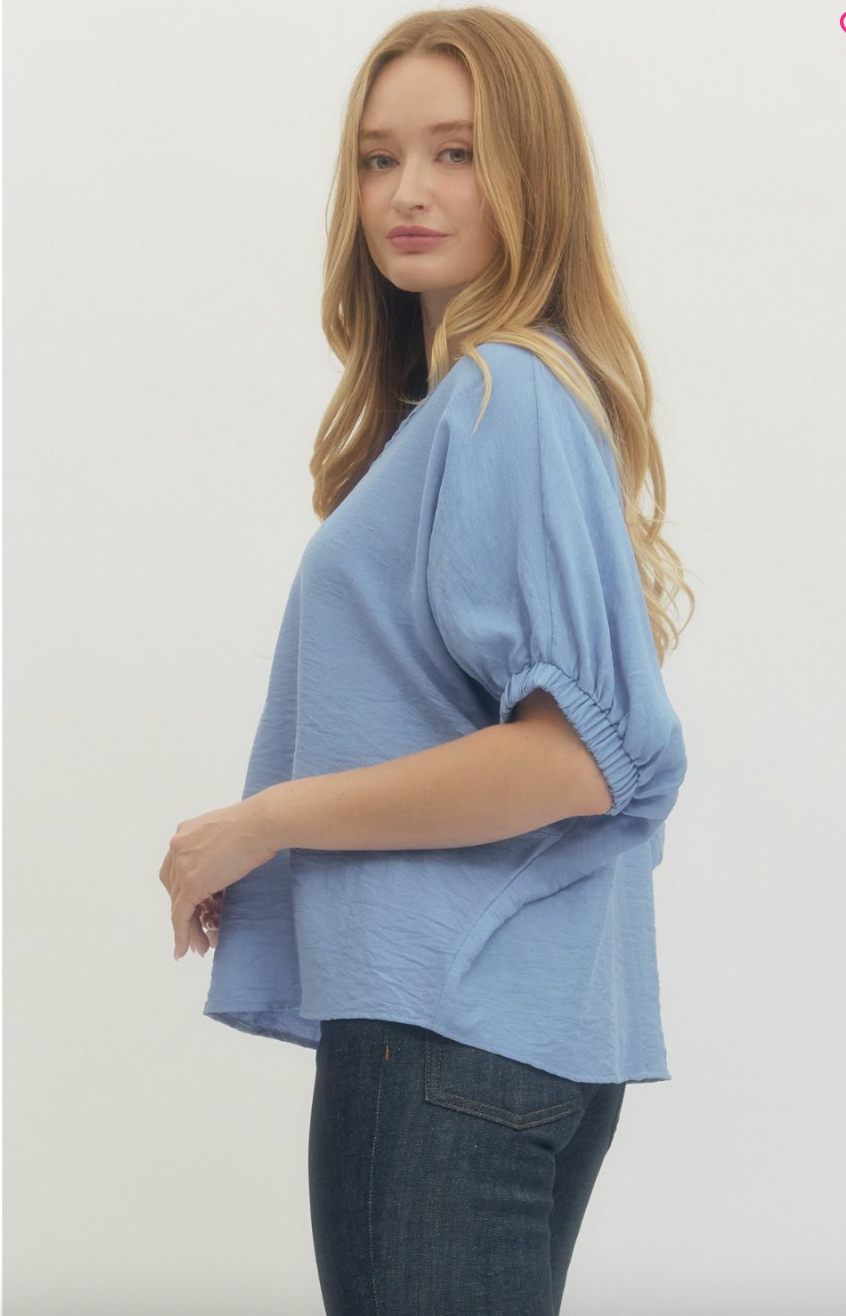 Rosie Short Sleeve Top - Chambray Blue Dolman Sleeve V-Neck Blouse