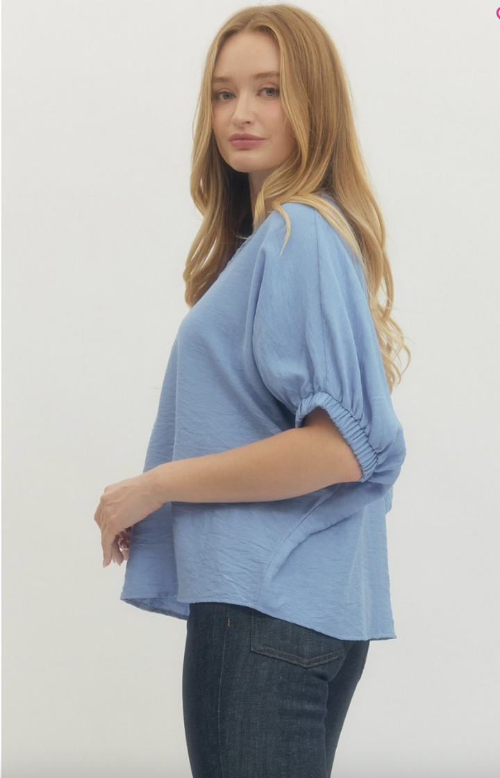 Rosie Short Sleeve Top - Chambray Blue Dolman Sleeve V-Neck Blouse