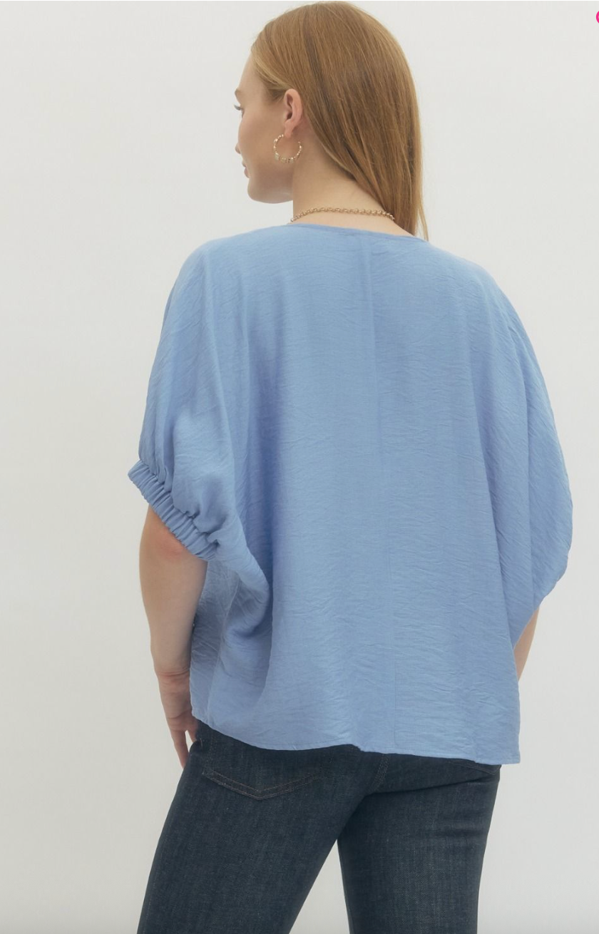 Rosie Short Sleeve Top - Chambray Blue Dolman Sleeve V-Neck Blouse
