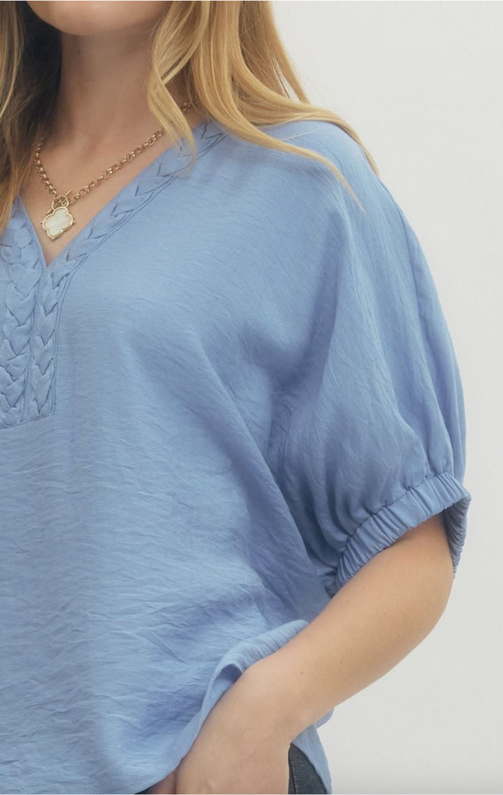 Rosie Short Sleeve Top - Chambray Blue Dolman Sleeve V-Neck Blouse