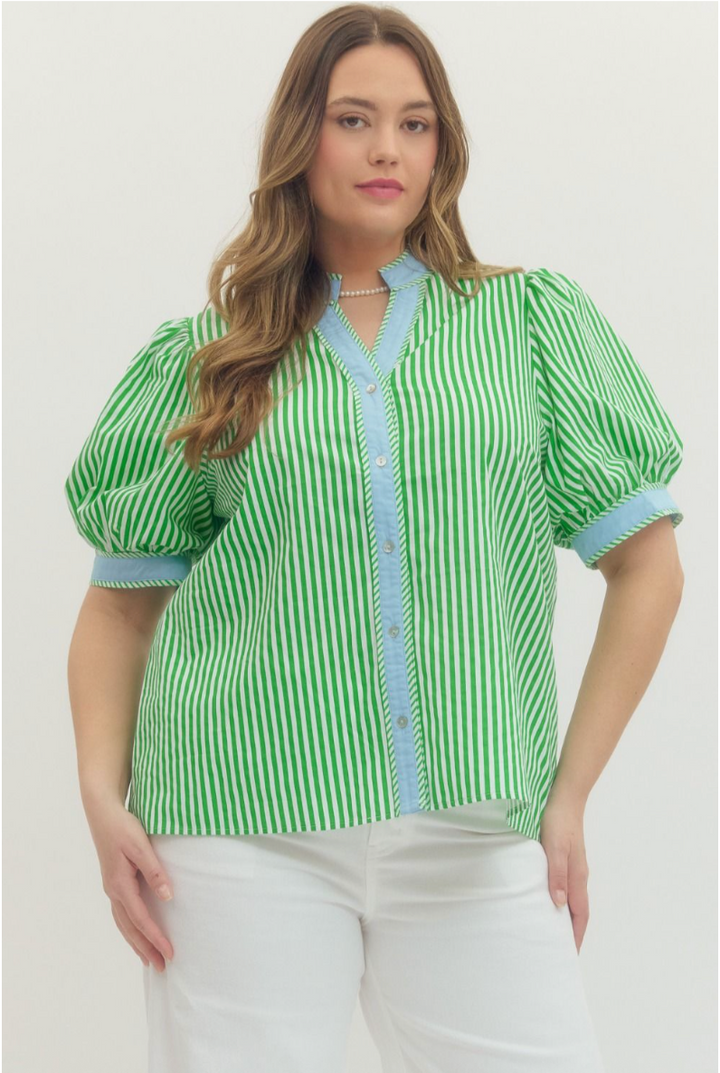 Emily Stripe Print Short Puff Sleeve Top