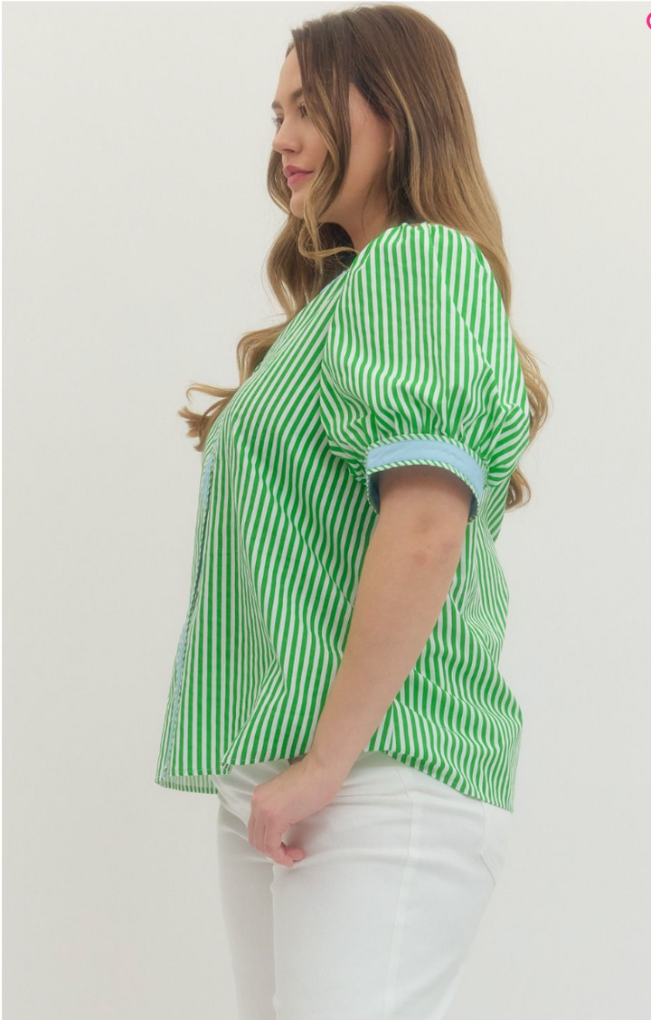 Emily Stripe Print Short Puff Sleeve Top