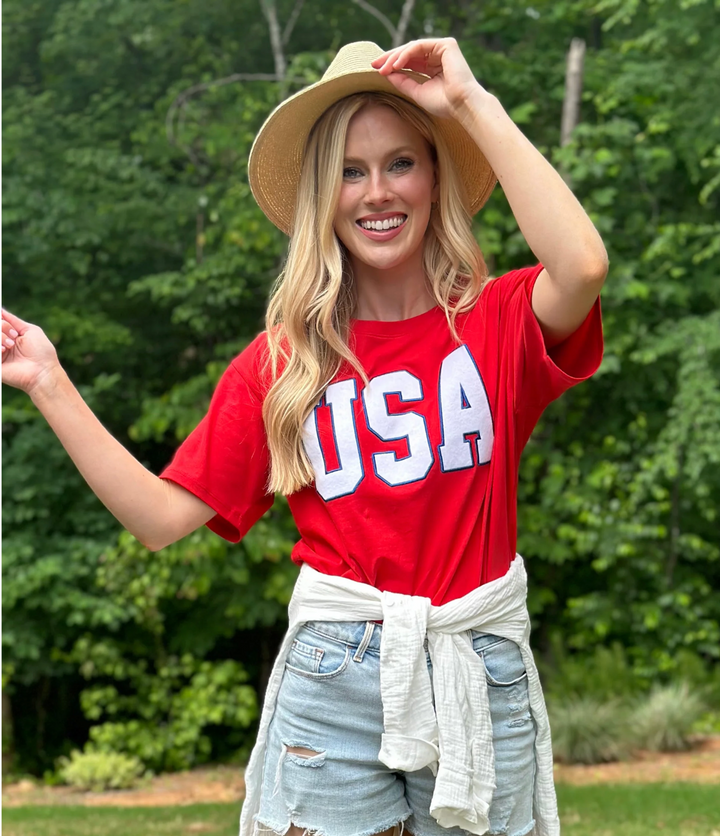 The USA Boyfriend Tee — Women's Oversized Patriotic Red T-Shirt