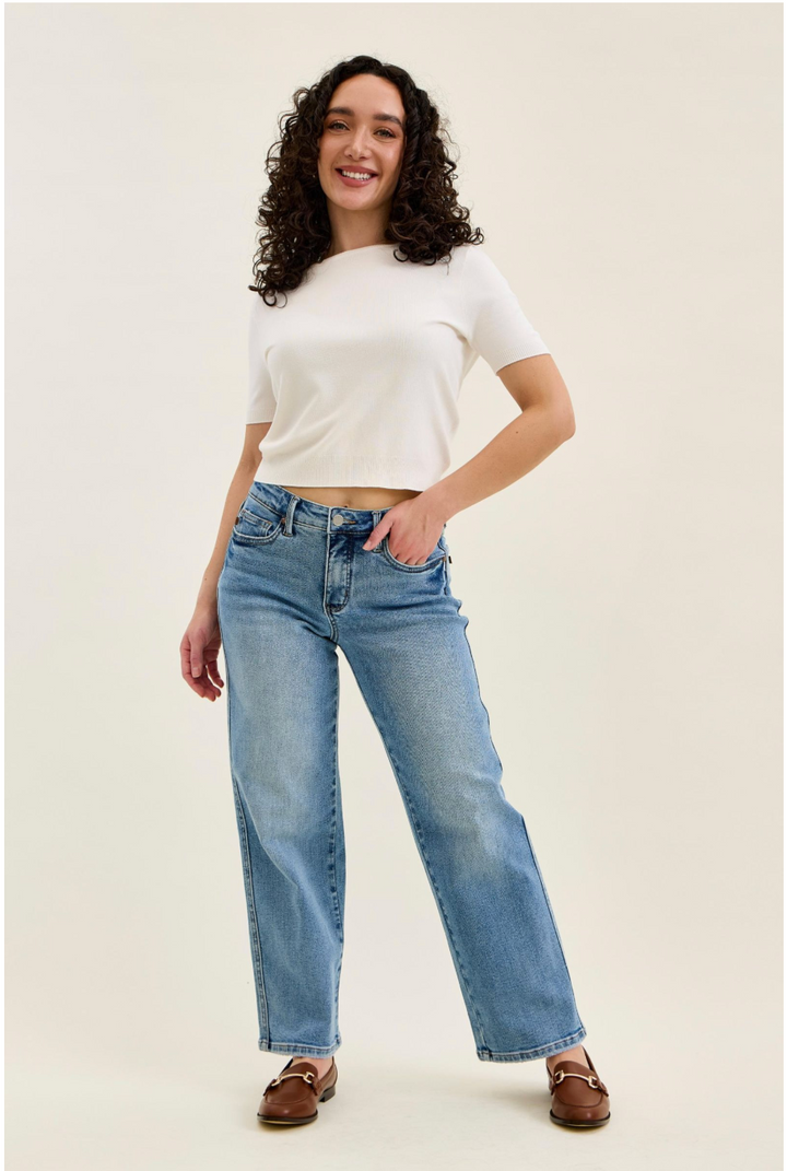 Valerie Mid Rise Petite Tummy Control Vintage Wash Jeans