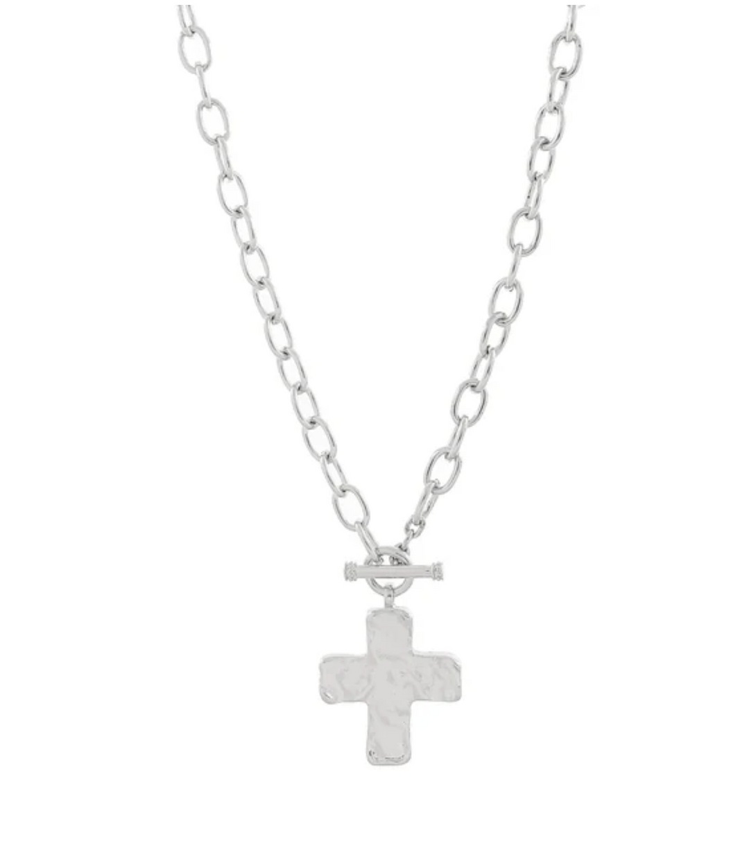 Hammered Cross Necklace | Gold or Silver Toggle Closure