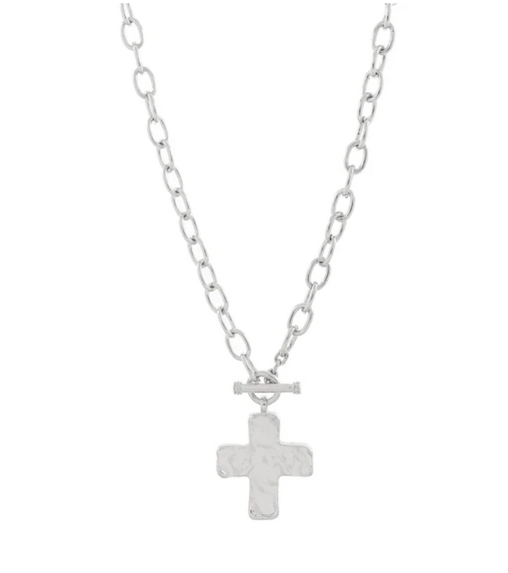 Hammered Cross Necklace | Gold or Silver Toggle Closure