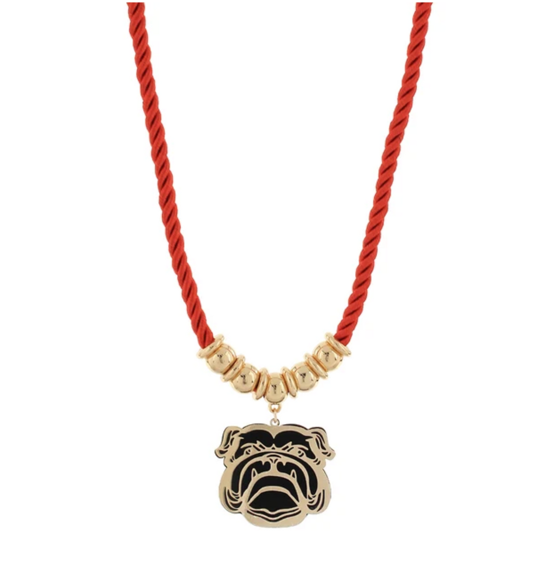 Georgia Bulldog Game Day Necklace | Red Cord Gold Filigree Pendant | Football Jewelry