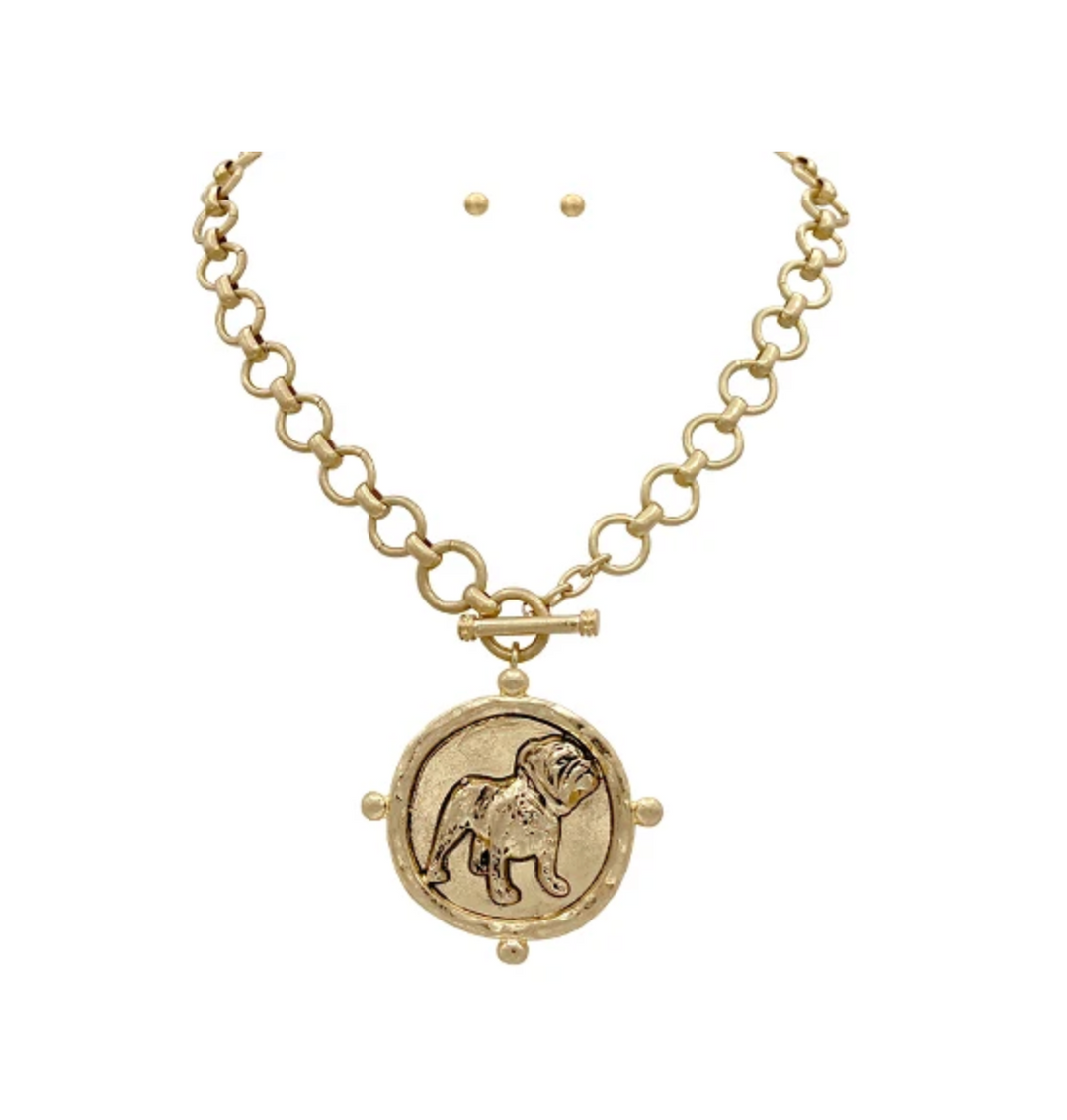 Matte Gold Georgia Bulldog Pendant Necklace | Standing Bulldog Medallion | Game Day Jewelry