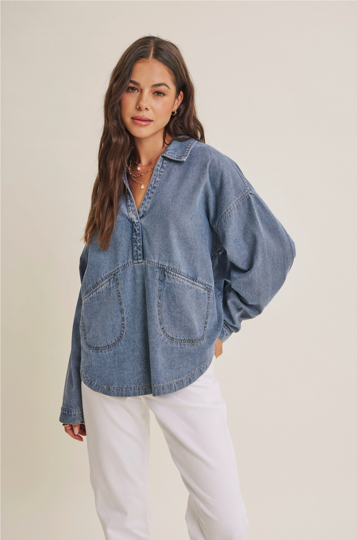 Meg Mineral-Washed Cotton Denim Oversized Pocket Top