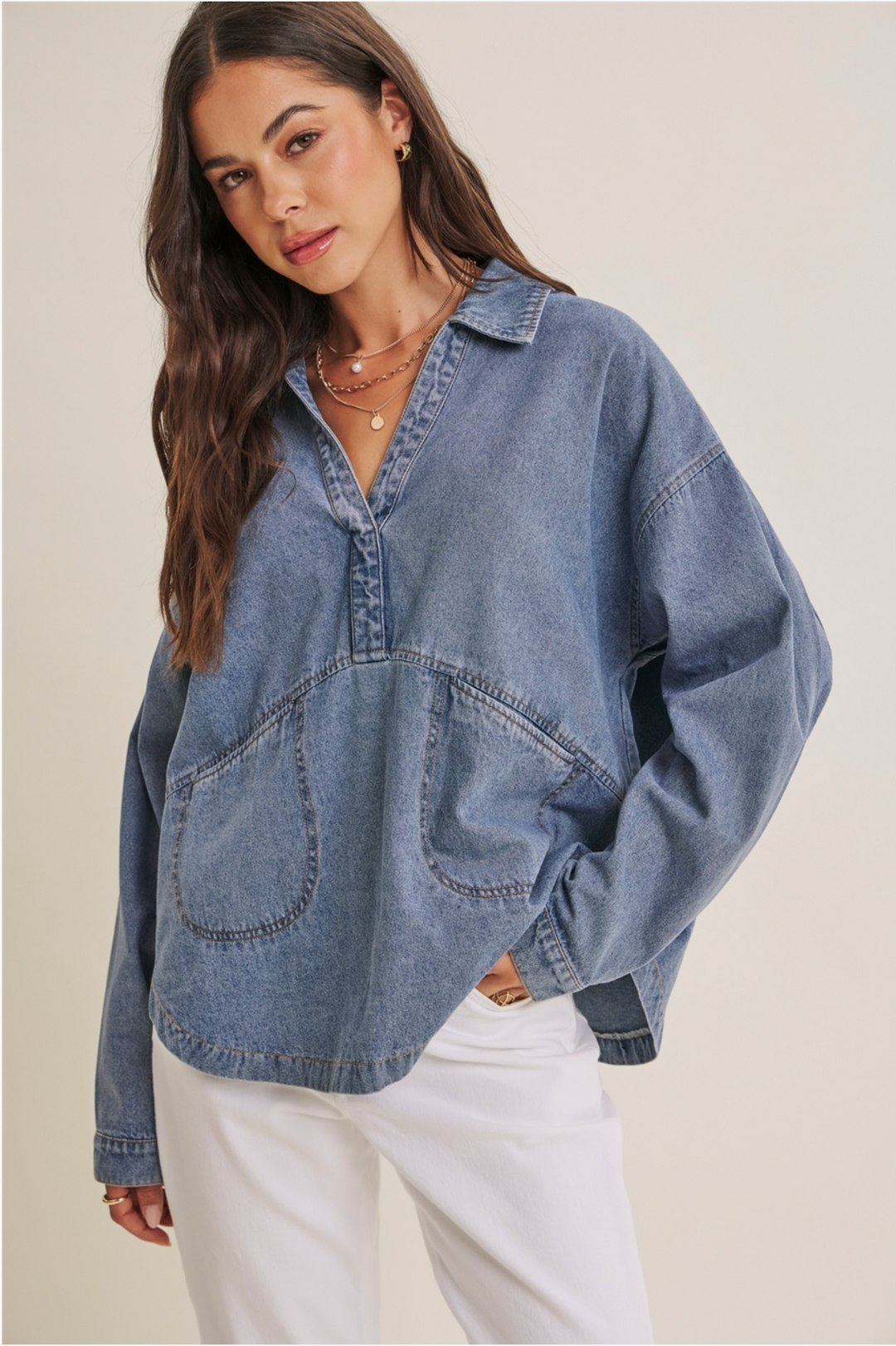 Meg Mineral-Washed Cotton Denim Oversized Pocket Top