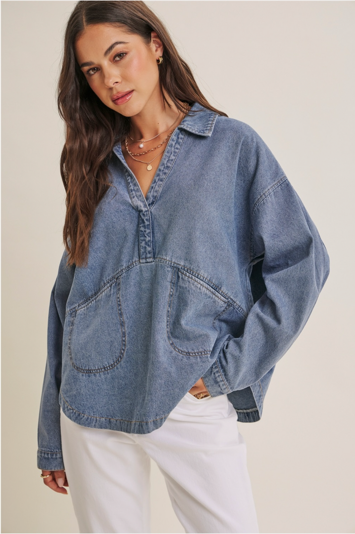 Meg Mineral-Washed Cotton Denim Oversized Pocket Top
