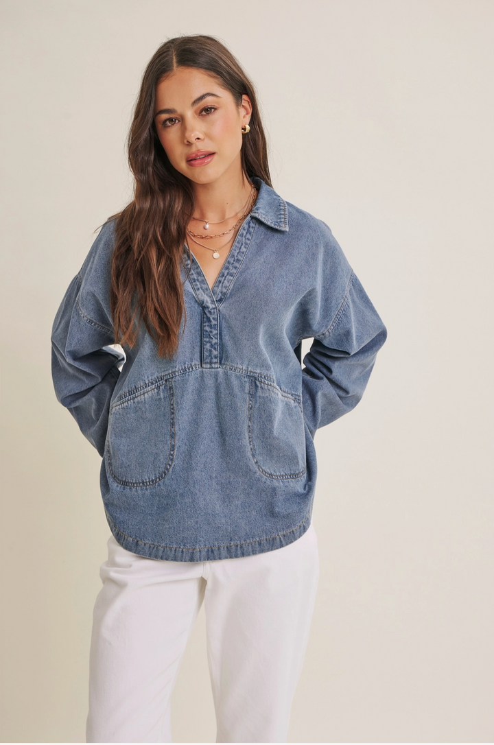 Meg Mineral-Washed Cotton Denim Oversized Pocket Top