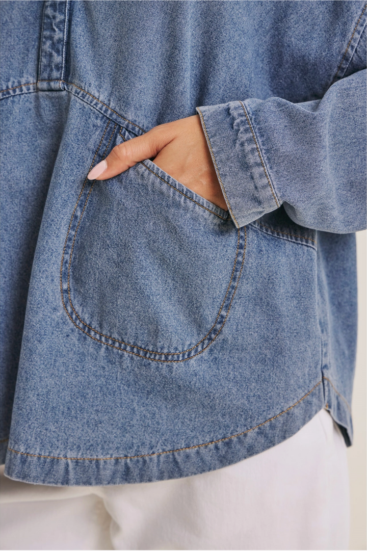 Meg Mineral-Washed Cotton Denim Oversized Pocket Top