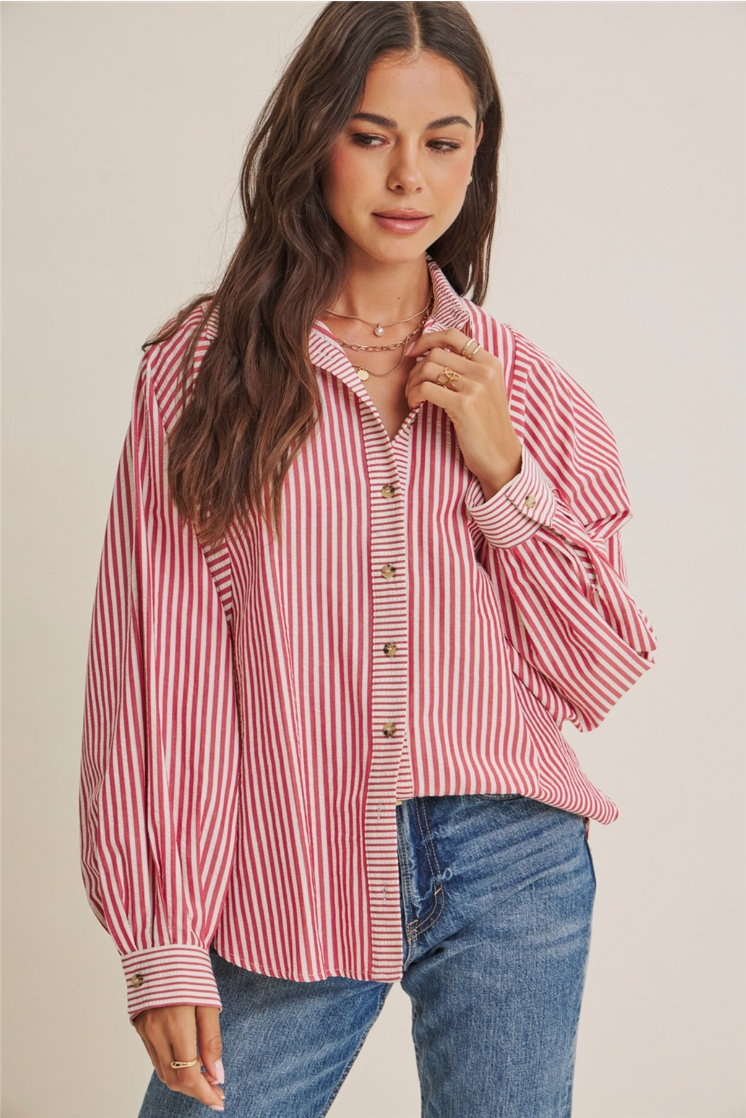 Lou Long Sleeve Striped Batwing Button-Down Top