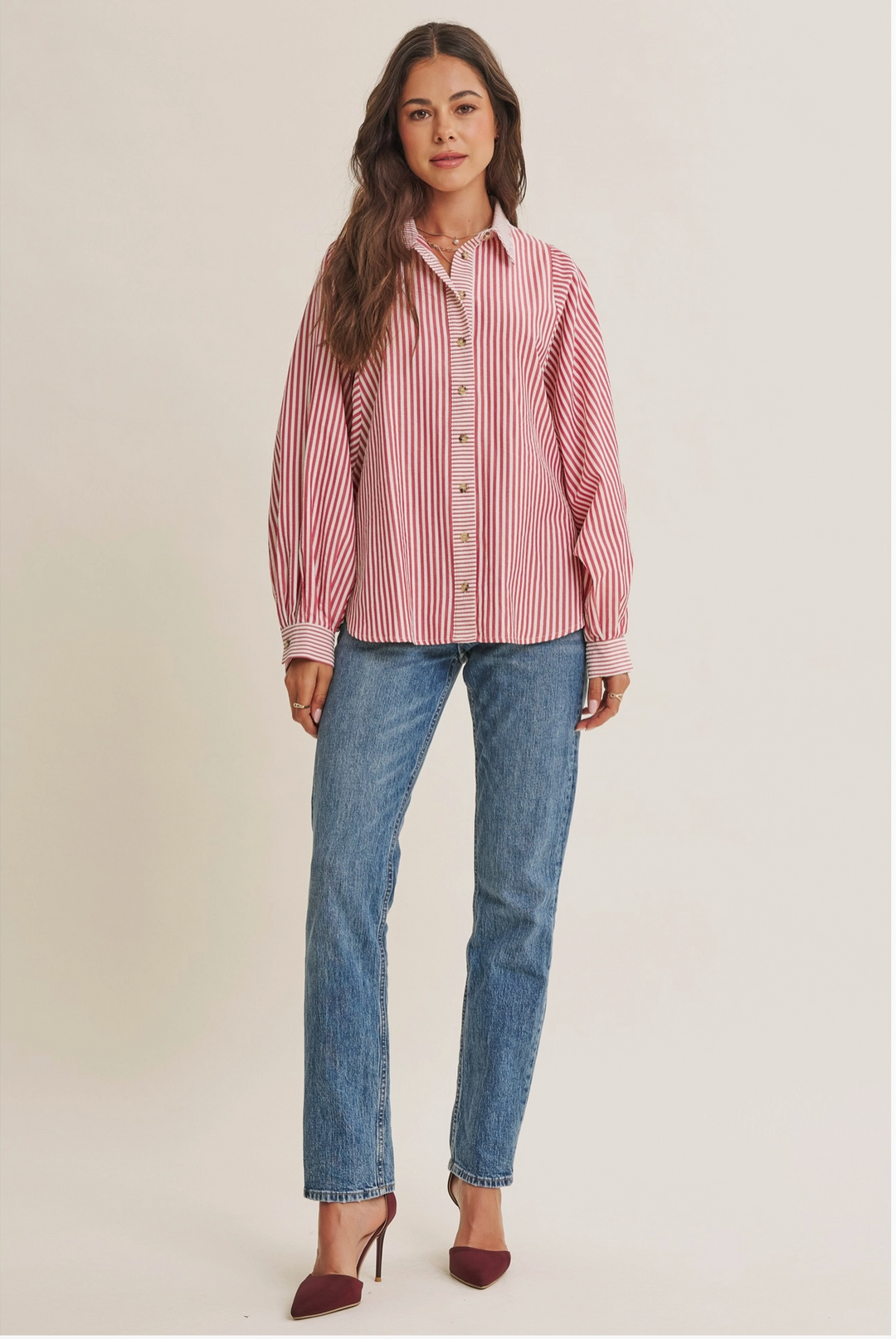 Lou Long Sleeve Striped Batwing Button-Down Top