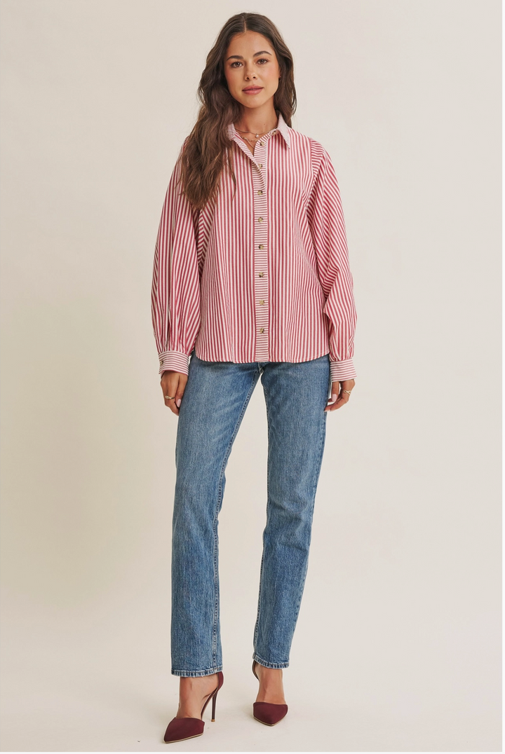 Lou Long Sleeve Striped Batwing Button-Down Top