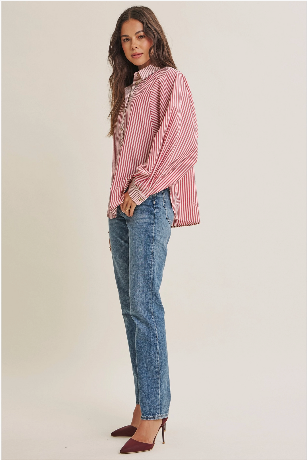 Lou Long Sleeve Striped Batwing Button-Down Top