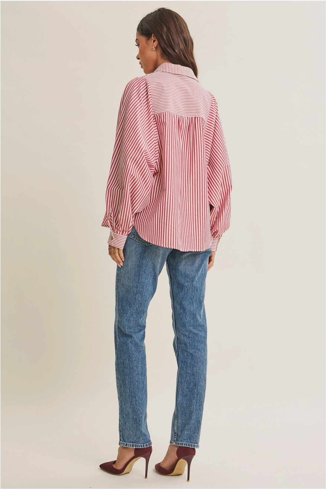 Lou Long Sleeve Striped Batwing Button-Down Top