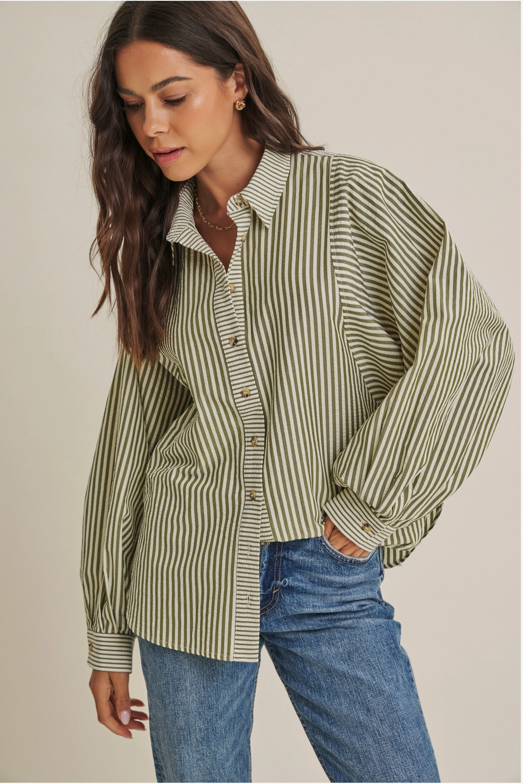 Lou Long Sleeve Striped Batwing Button-Down Top