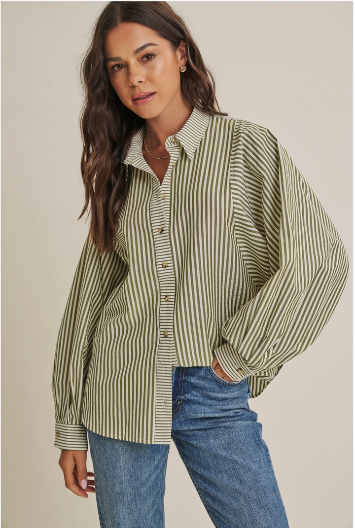 Lou Long Sleeve Striped Batwing Button-Down Top