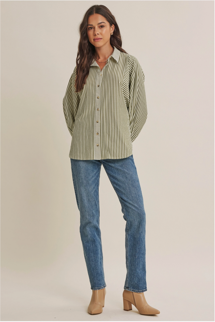 Lou Long Sleeve Striped Batwing Button-Down Top