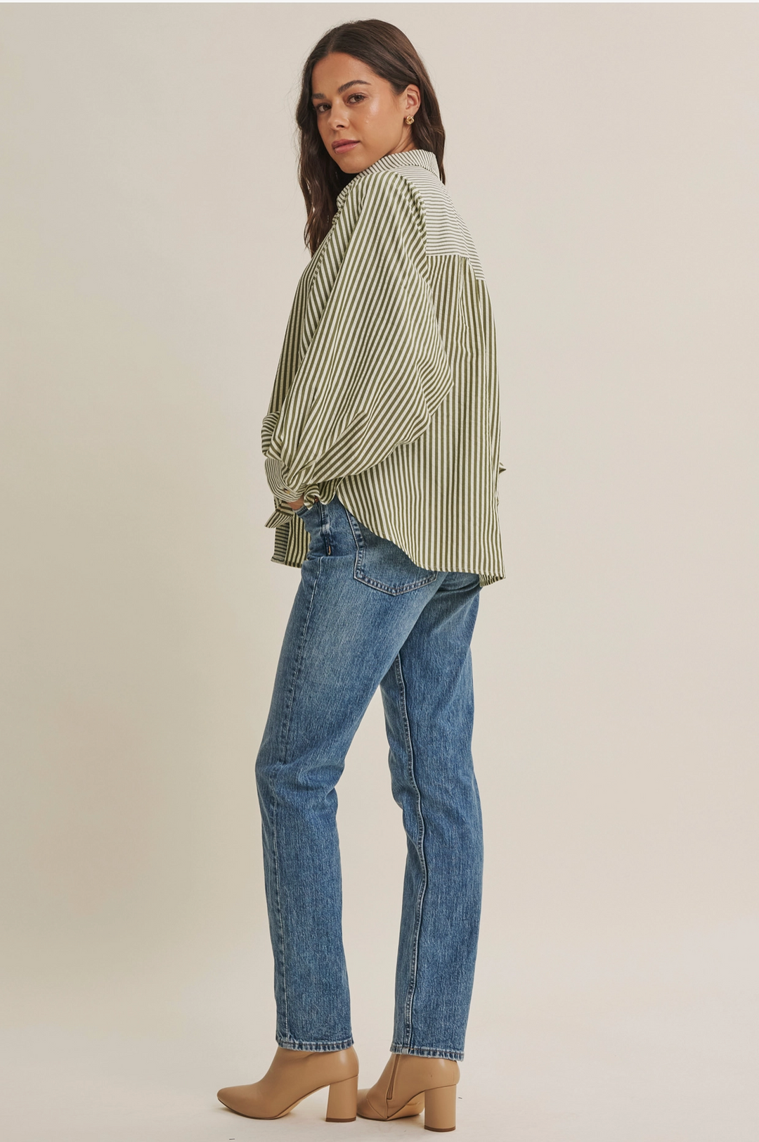 Lou Long Sleeve Striped Batwing Button-Down Top