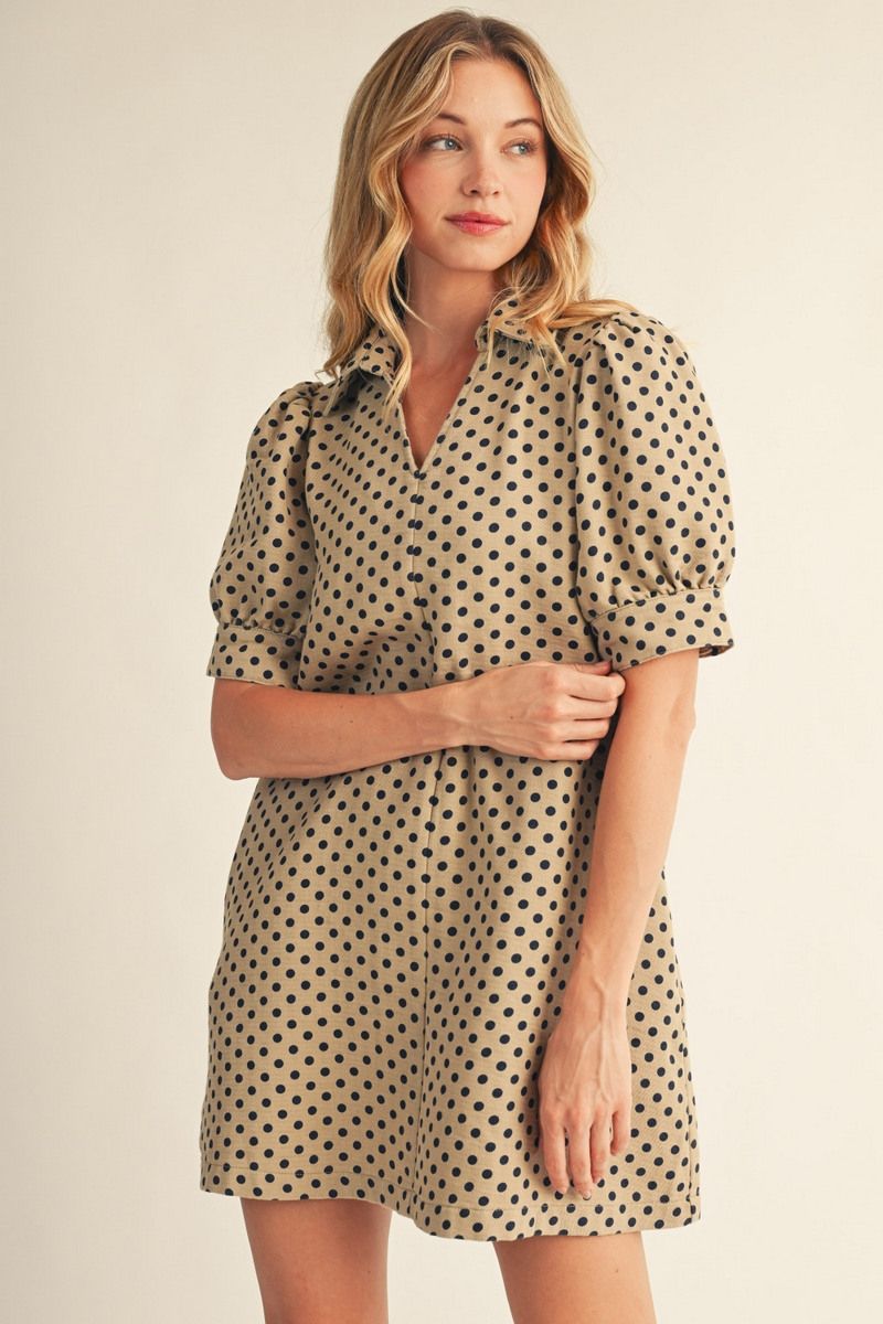 Emily Short Puff Sleeve Polka Dot Shift Dress - Taupe & Navy
