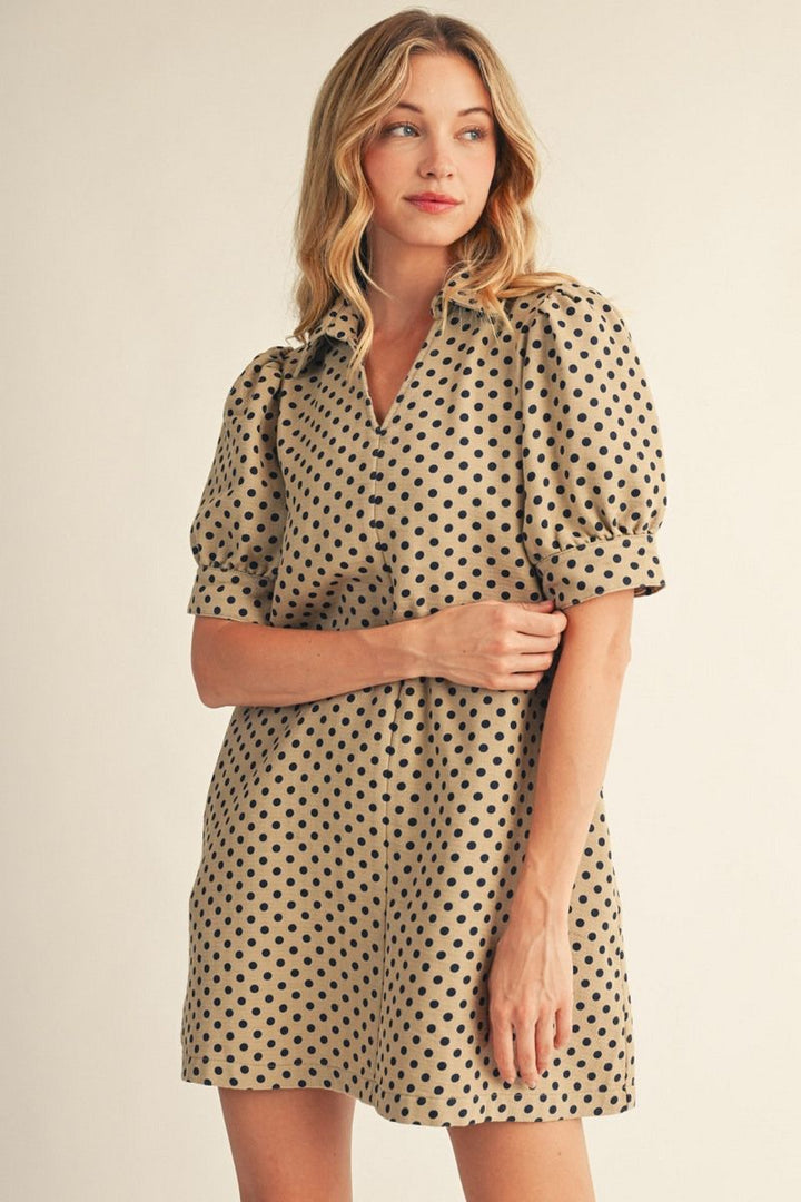 Emily Short Puff Sleeve Polka Dot Shift Dress - Taupe & Navy