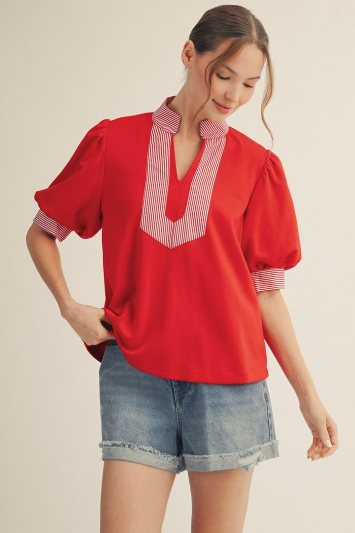 Allie V-Neck Short Puff Sleeve Top