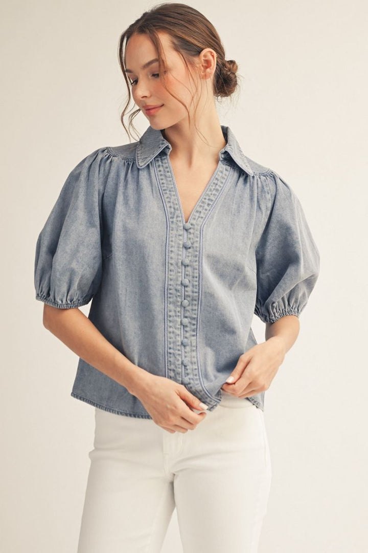 Tracy Short Puff Sleeve Denim Top
