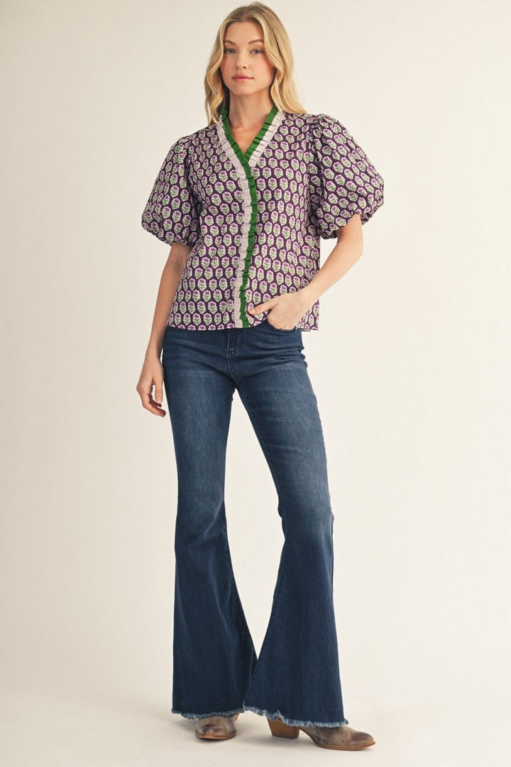 Barb Short Puff Sleeve Purple Floral Top