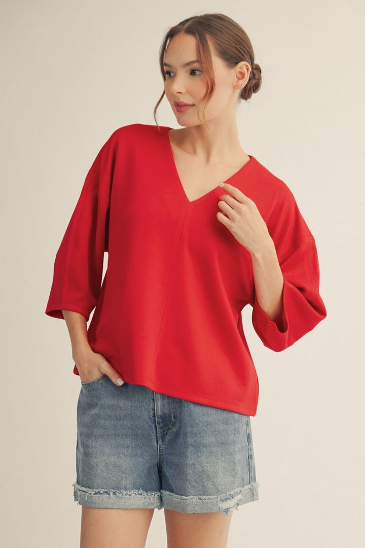Drop Shoulder V-Neck Luxe Knit Top
