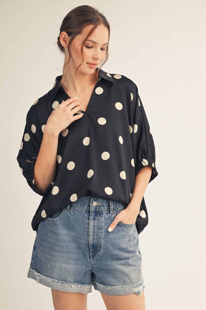 Faith Short Sleeve V-Neck Polka Dot Satin Top