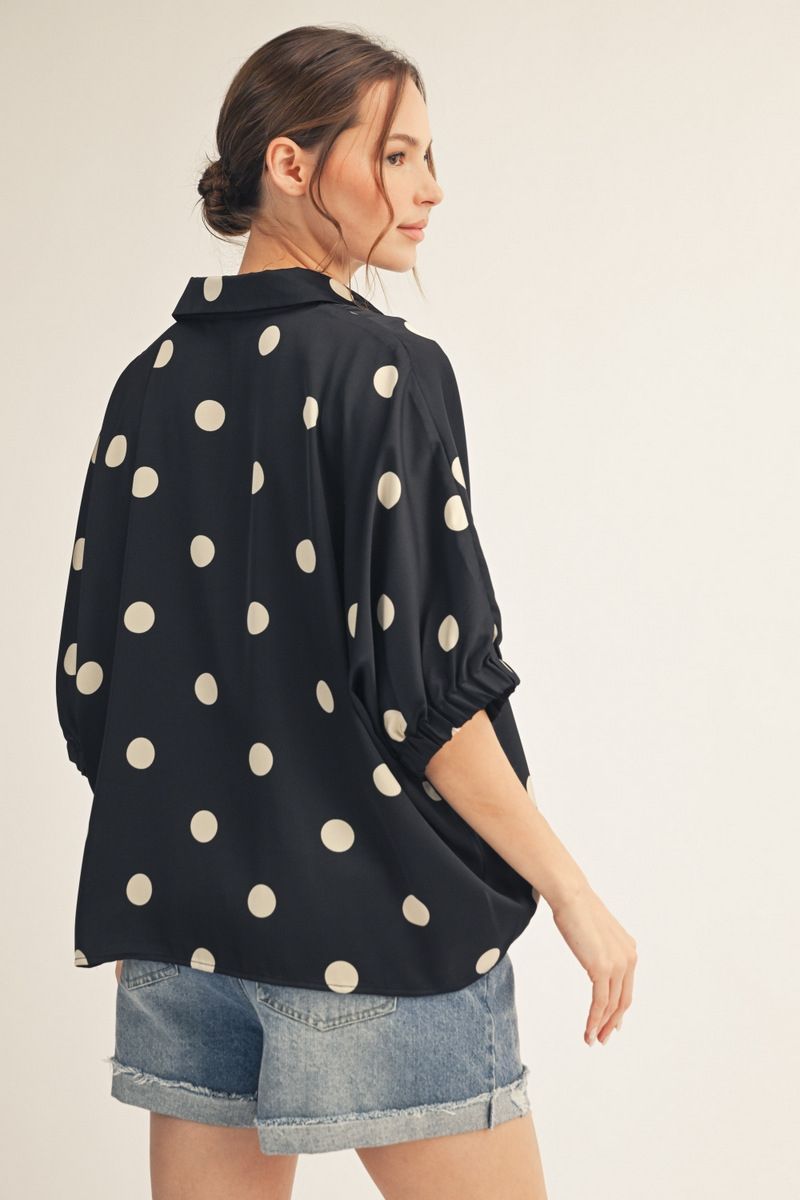 Faith Short Sleeve V-Neck Polka Dot Satin Top