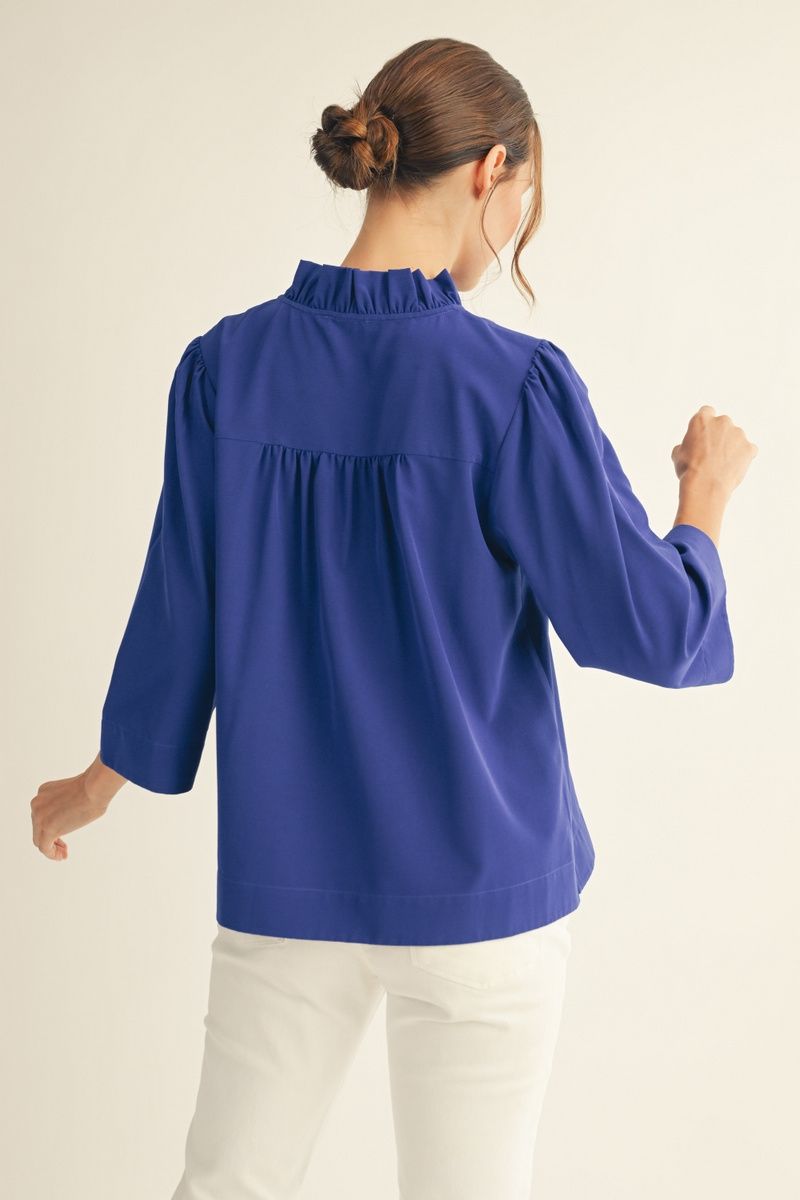 Maisy 3/4 Sleeve Top - Ruffled V-Neck Crinkle Blouse